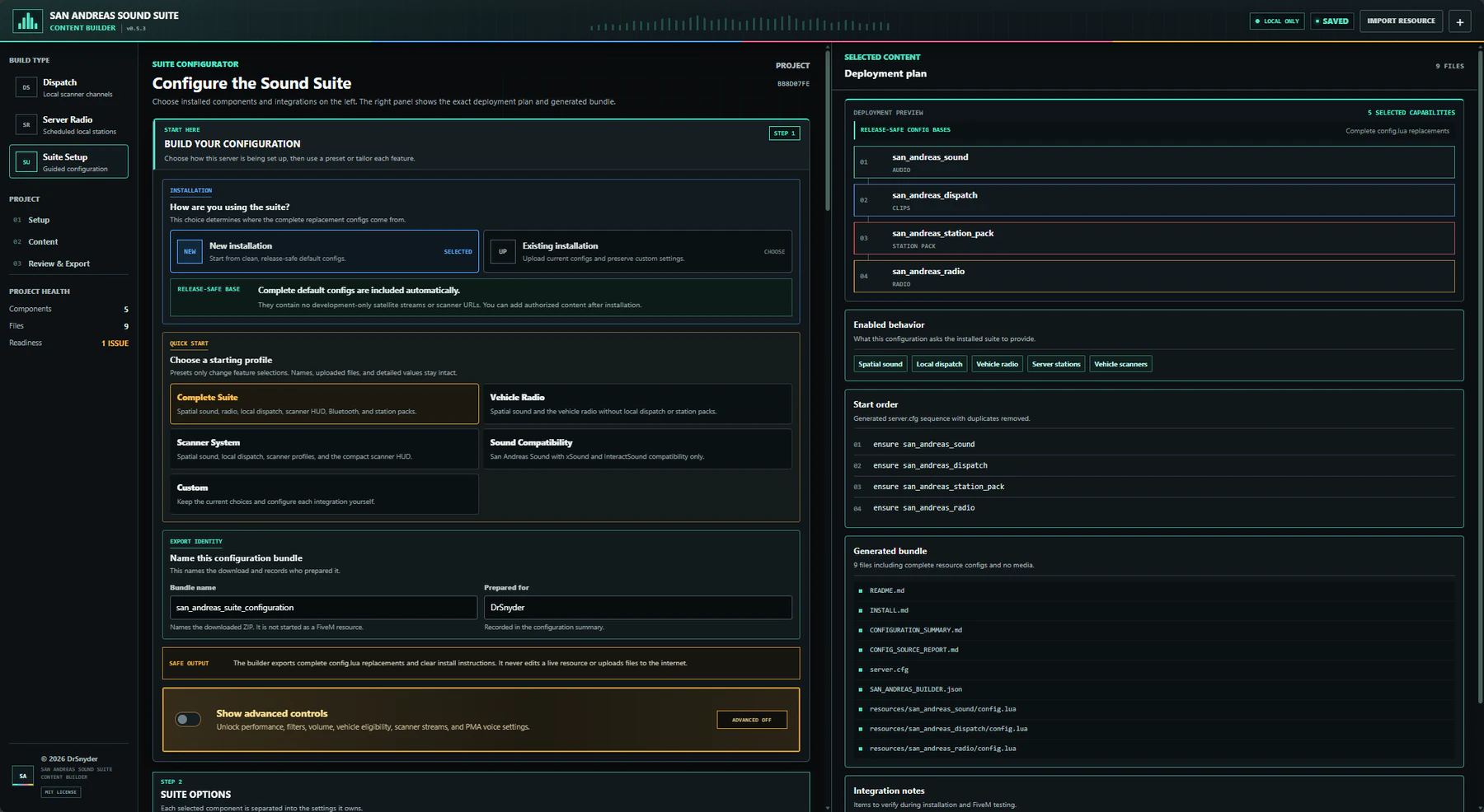 San Andreas Sound Suite Content Builder showing configuration profiles, a deployment plan, and generated resources.