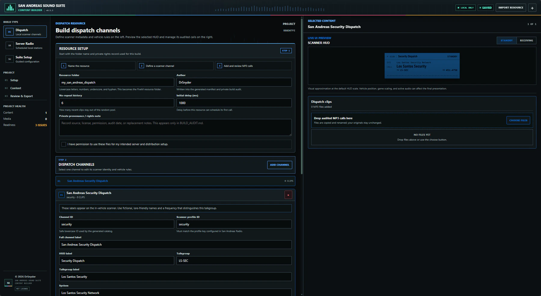 San Andreas Sound Suite Content Builder configuring a scanner dispatch channel and HUD preview.