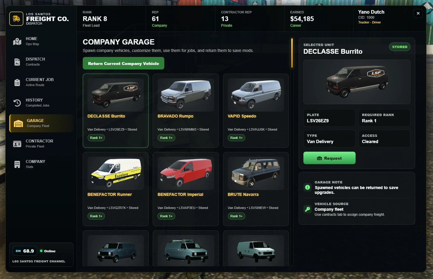 Los Santos Freight Co. company garage showing fleet vehicles and career unlocks.