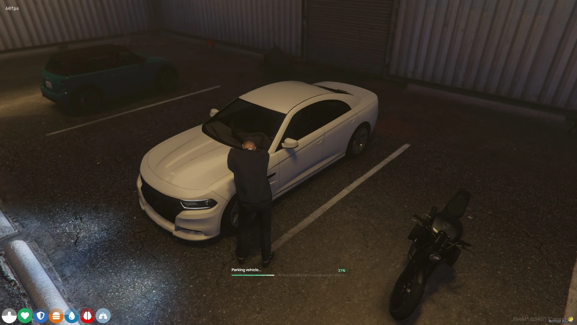 Player parking a car inside a garage while a progress indicator is displayed.