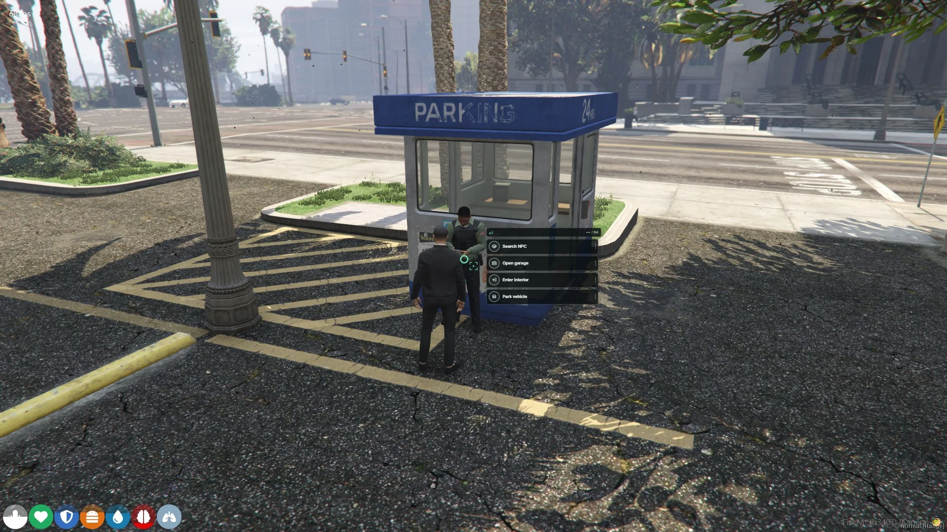 Garage attendant interaction menu with open, enter, and park options.
