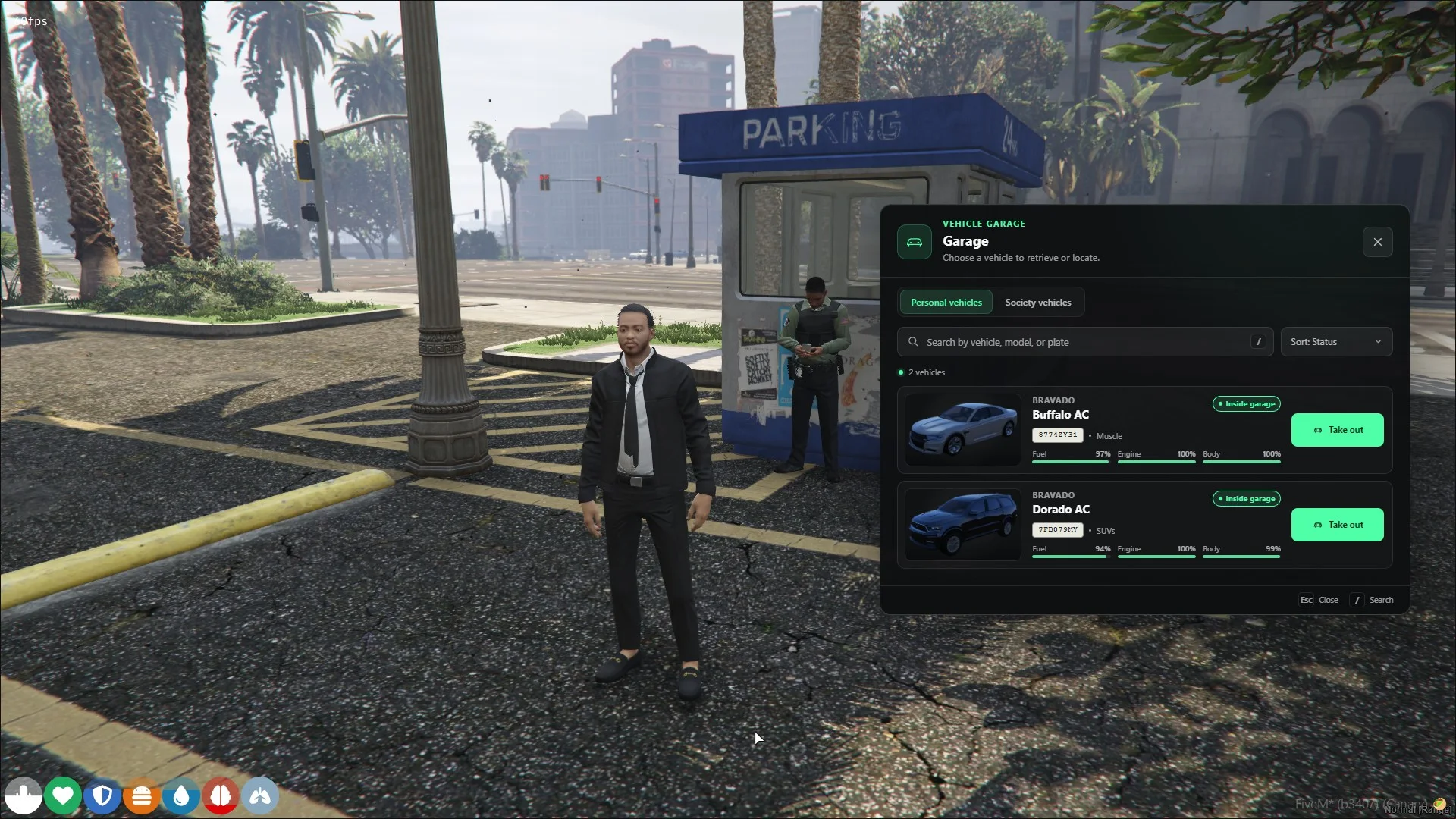 drs_garages vehicle list showing two stored vehicles and their condition.