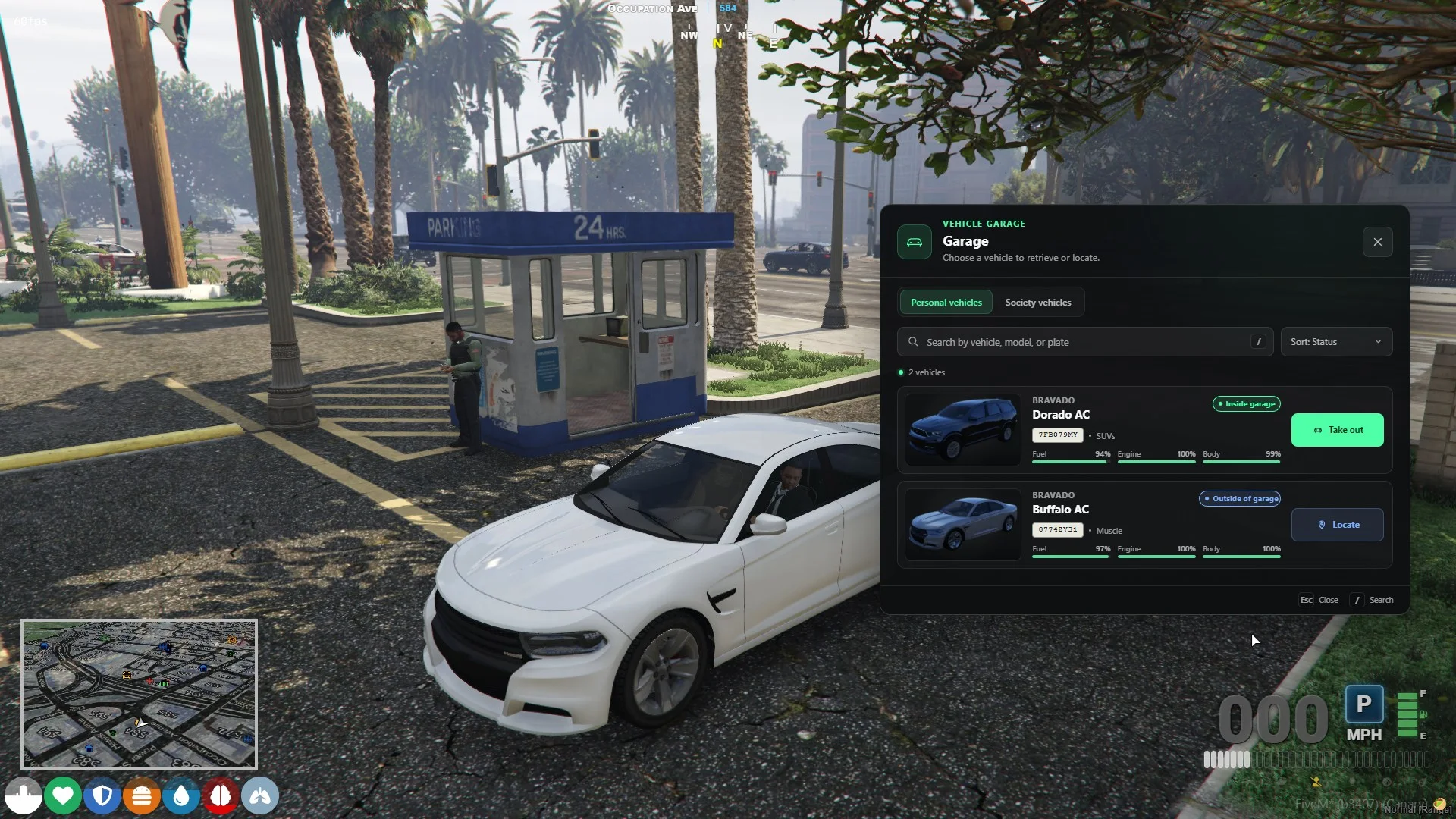 Garage vehicle list showing one stored vehicle and one vehicle available to locate.