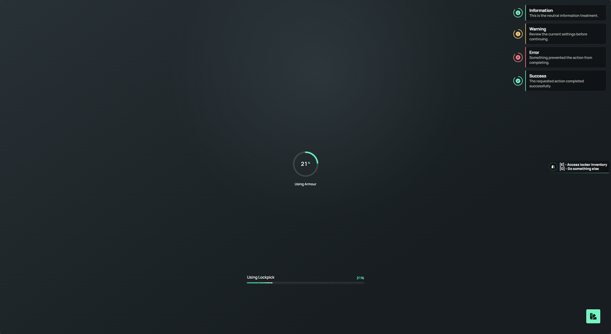 Axiom ox_lib interface suite showing notifications, progress indicators, and TextUI.
