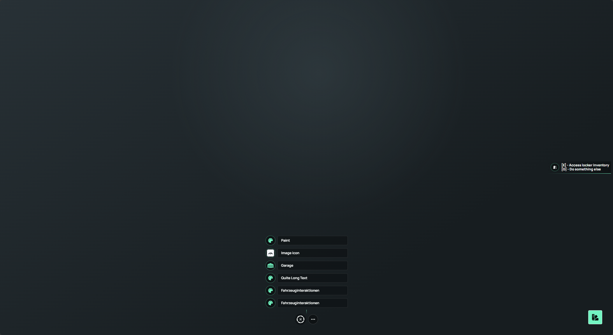 Axiom ox_lib radial menu with parent navigation and compact action labels.