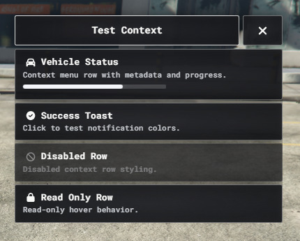 Classic ox_lib context menu showing metadata, disabled, and read-only rows.