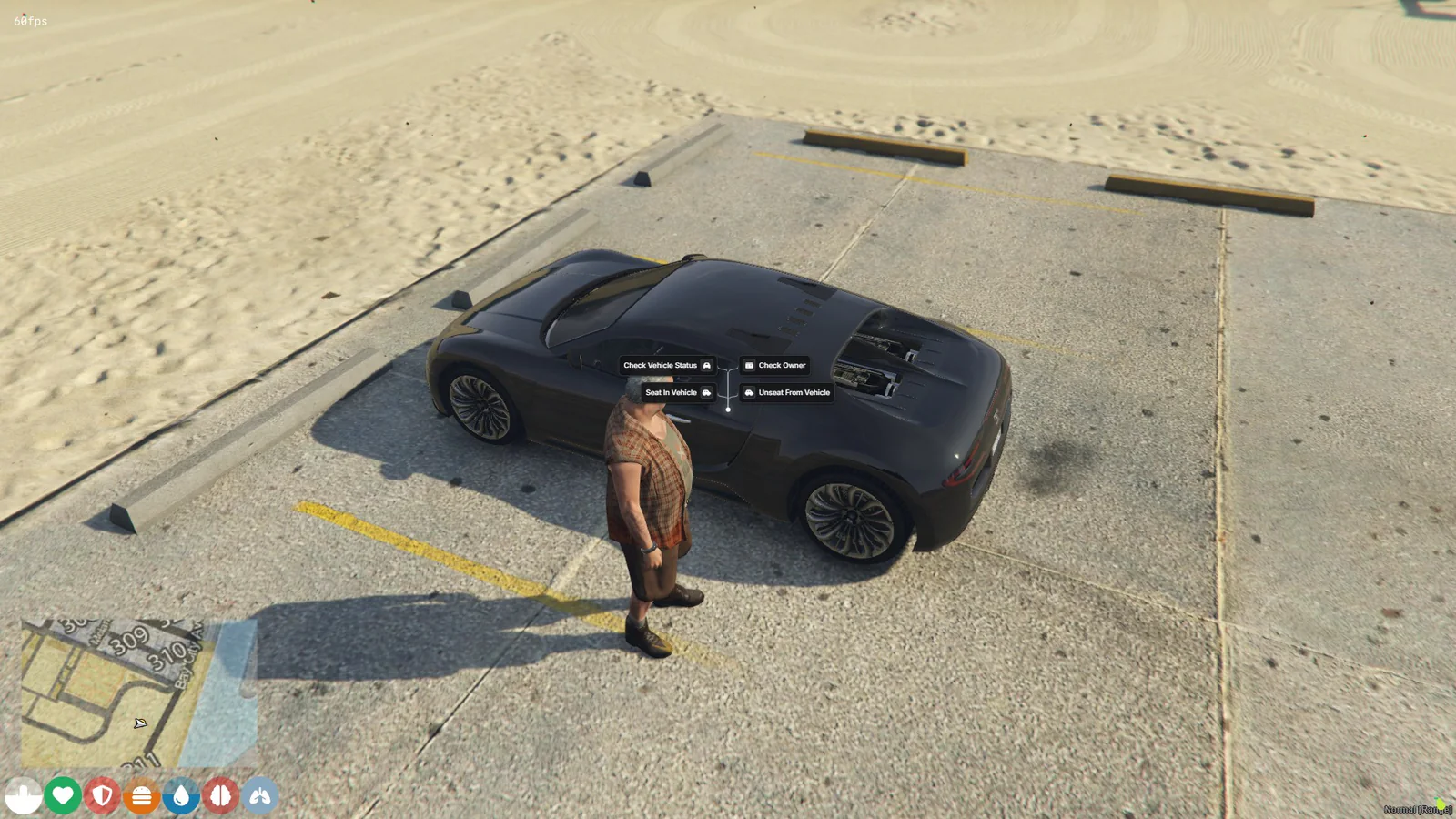 Classic ox_target vehicle interaction menu showing owner, seat, and vehicle-status actions.