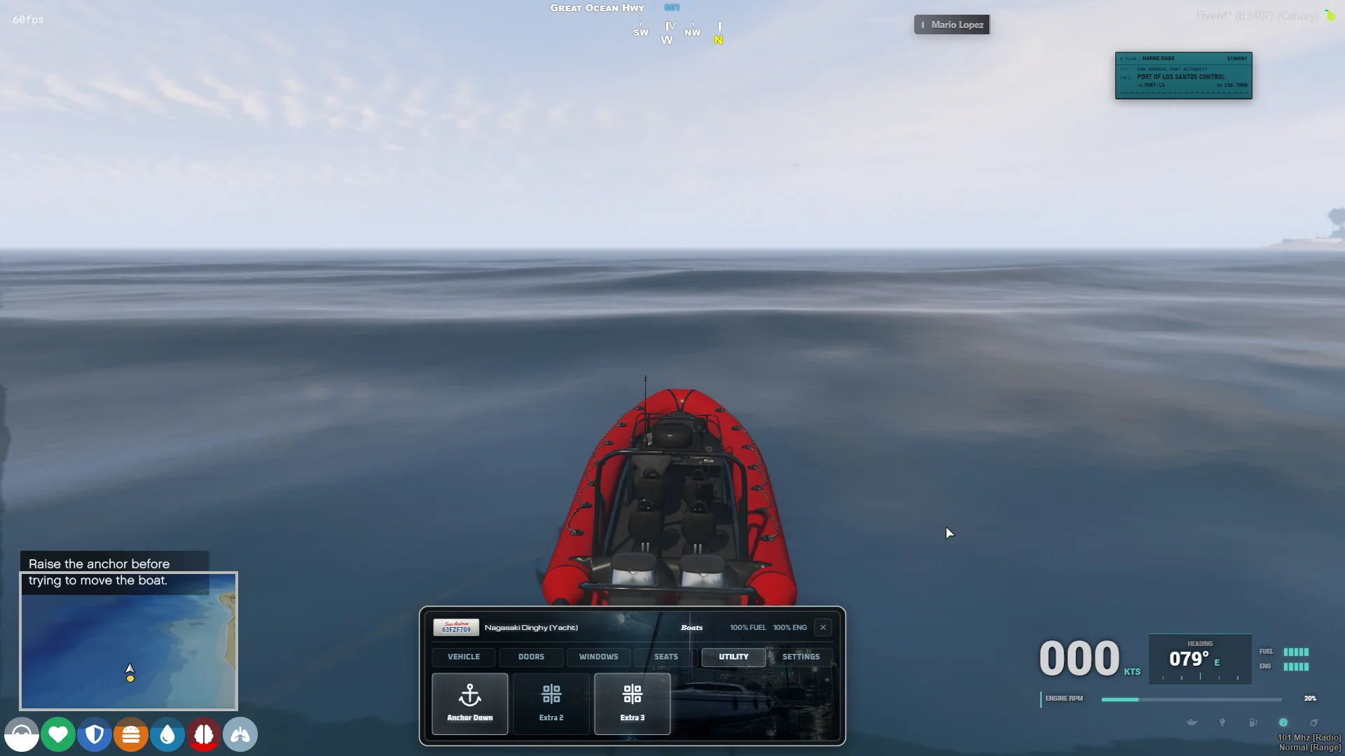 drs_vehcontrol marine touchscreen showing boat anchor and class-specific controls.