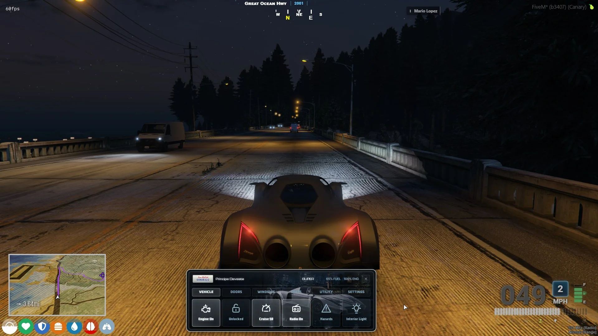 drs_vehcontrol touchscreen showing active cruise control while a supercar travels at night.