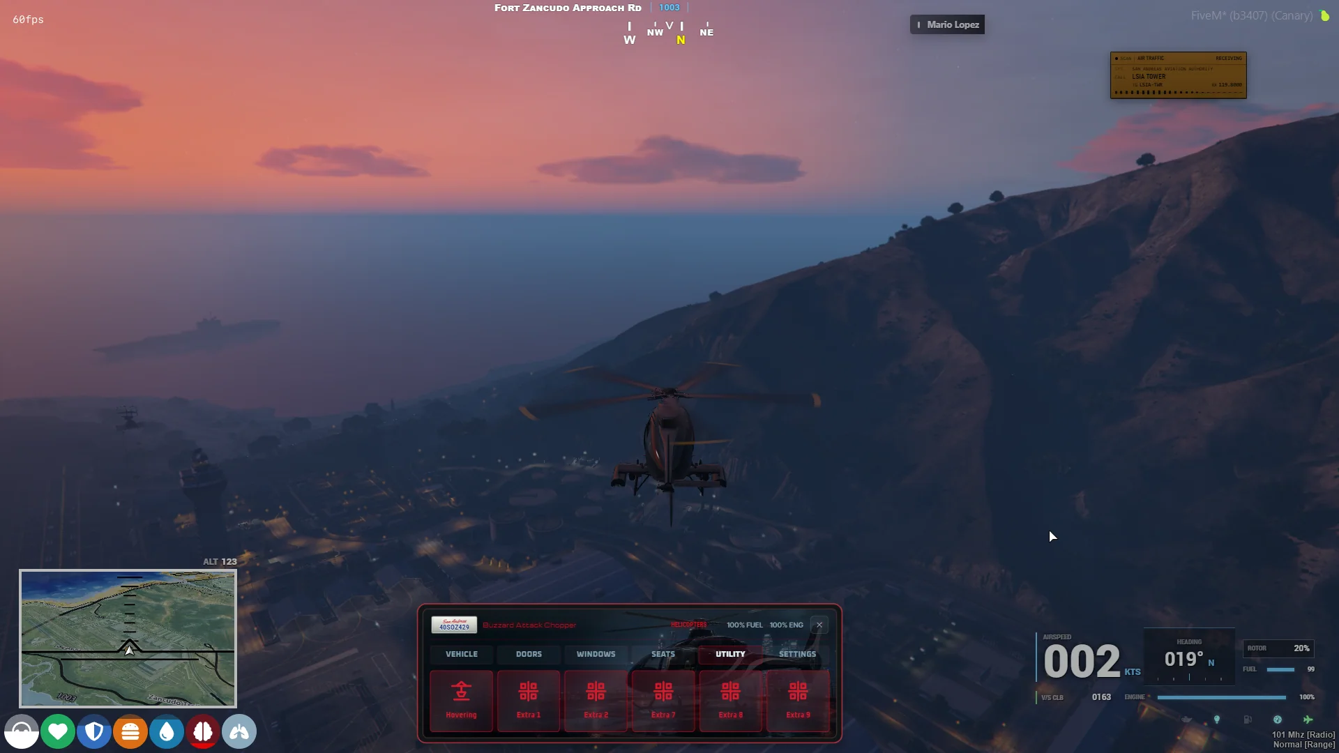 drs_vehcontrol helicopter touchscreen showing autopilot, hover, landing gear, and extras.
