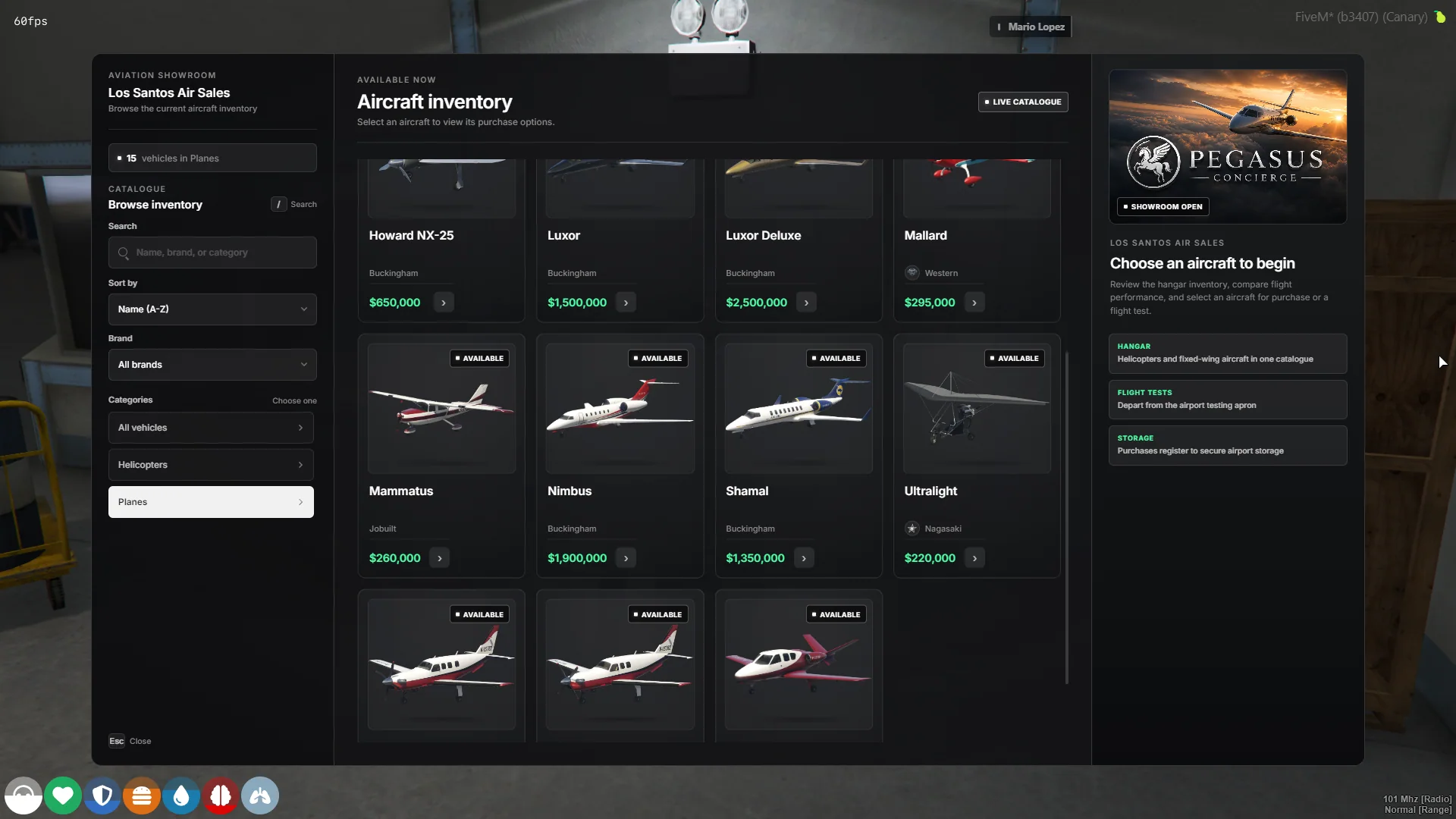 DRS Vehicle Shop aircraft inventory at Los Santos Air Sales.