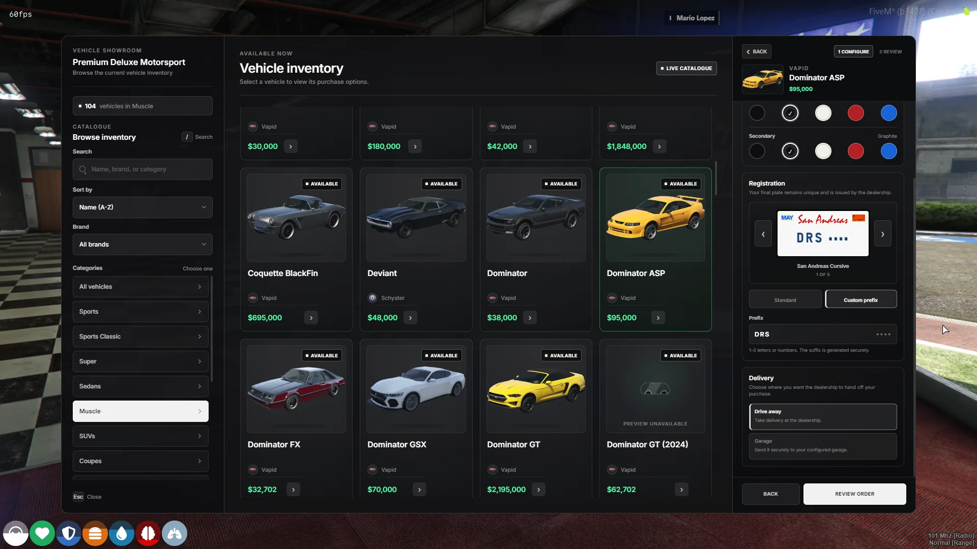DRS Vehicle Shop road inventory with paint, registration, and delivery configuration open.