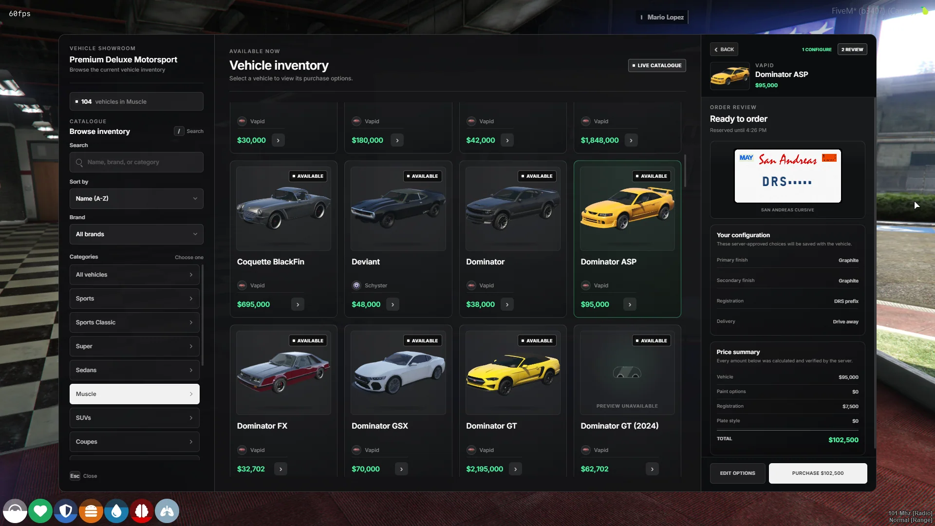 DRS Vehicle Shop purchase review with selected plate, options, and final price.