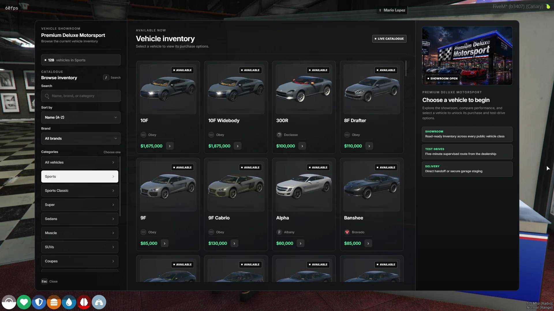 DRS Vehicle Shop sports catalogue with category navigation and dealership summary.