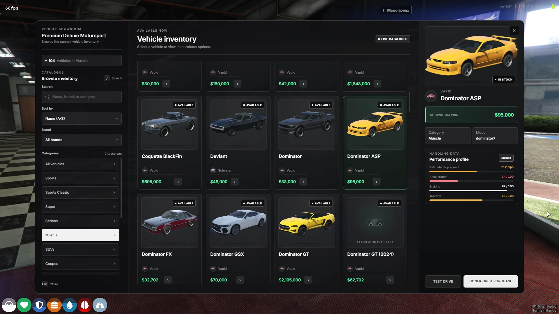 DRS Vehicle Shop selected vehicle panel showing model details, performance bars, test drive, and purchase actions.