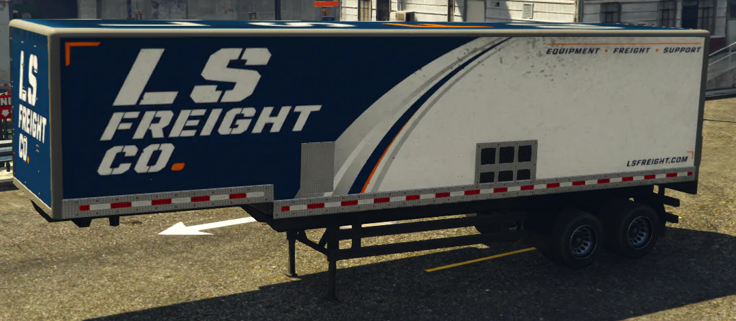 Blue and white LS Freight refrigerated trailer.