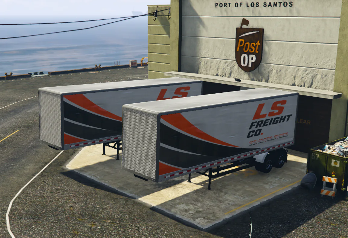 Two LS Freight box trailers parked at the Port of Los Santos.