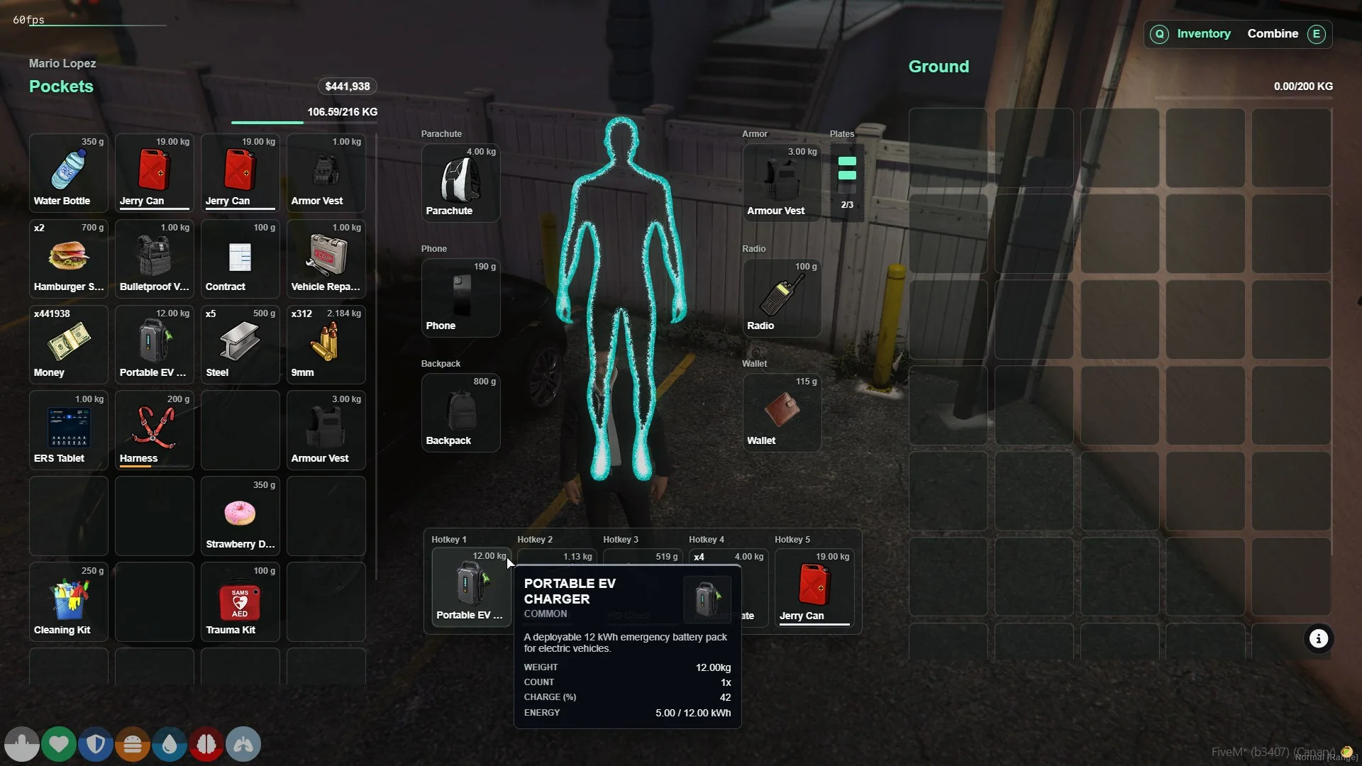 ox_inventory showing a Portable EV Charger item with charge percentage and stored energy metadata.